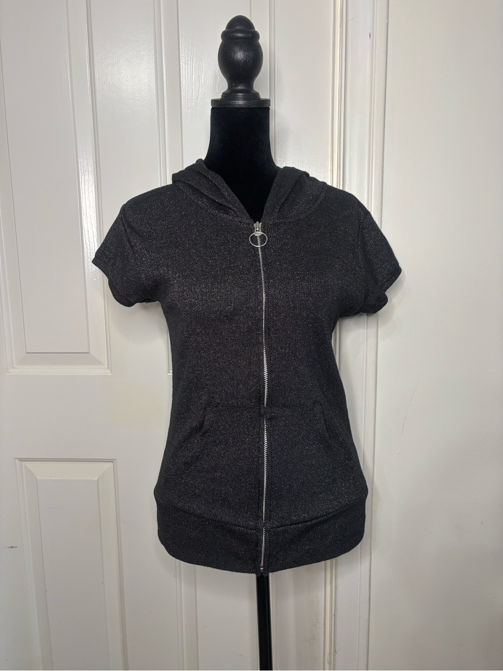 Old Navy Metallic Black Short-Sleeve Hooded Zip-Up Top